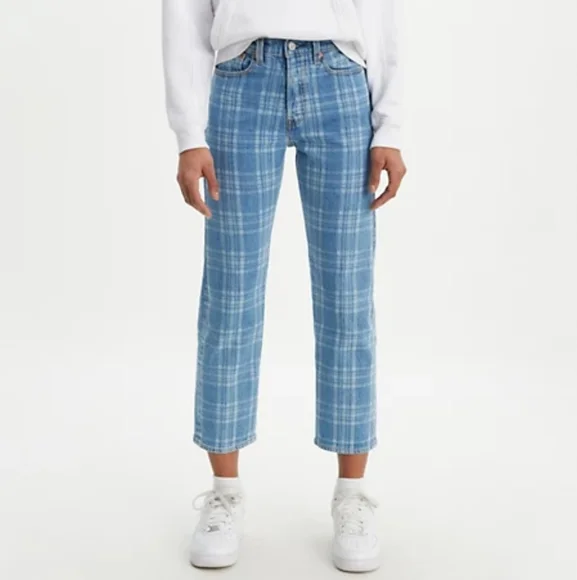 Levi's x Free People Blue Plaid Print High Rise Button Fly Wedgie Straight Jeans - Picture 3 of 13